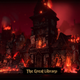 A screenshot of a flaming library, it looms across the red smoke sky.